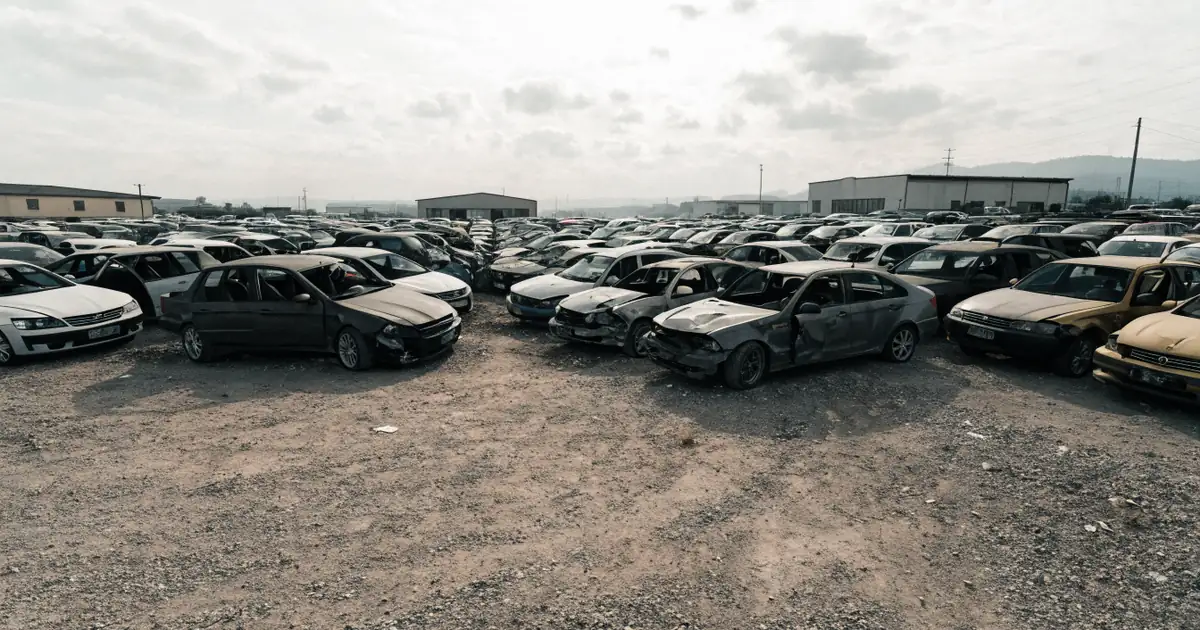 Rows of salvage cars in an outdoor auction yard — copart fee calculator for buyer fees and total cost