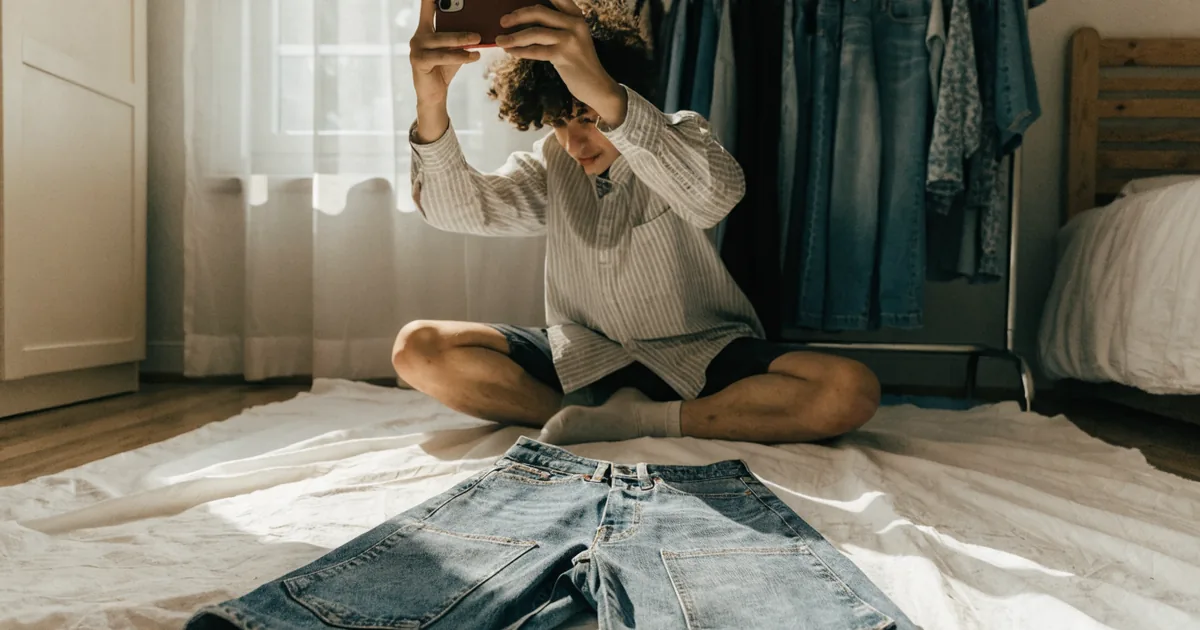 Seller photographing folded vintage denim for a listing — depop fee calculator for take-home pay