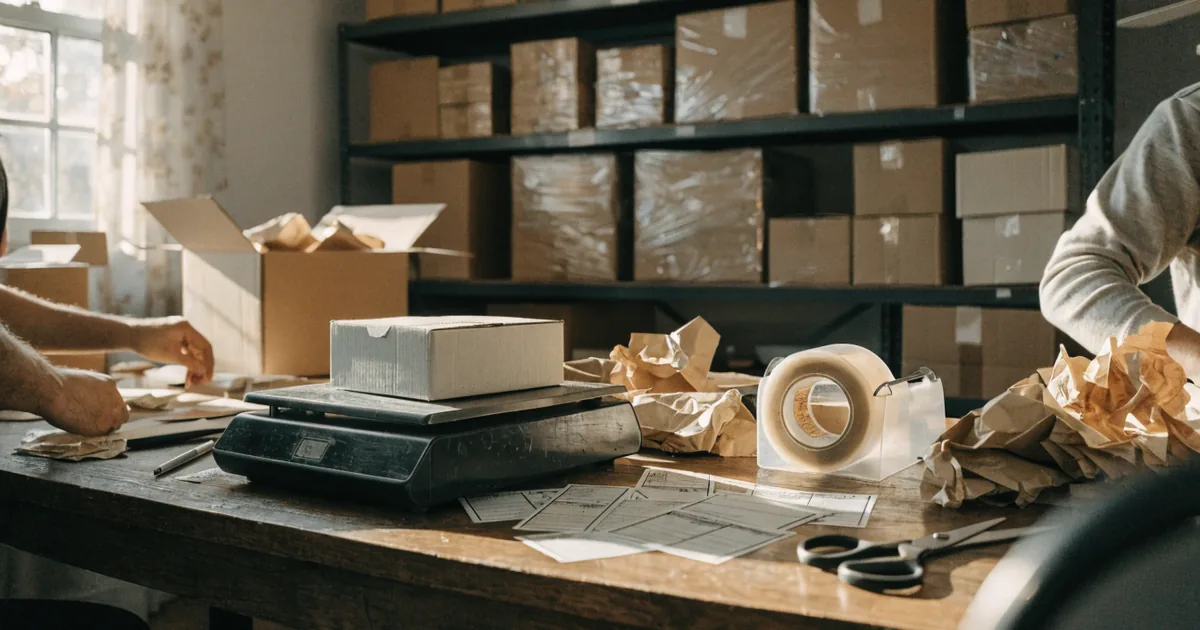 Home shipping station with a postal scale and labels — ebay fee calculator for final value fees and profit