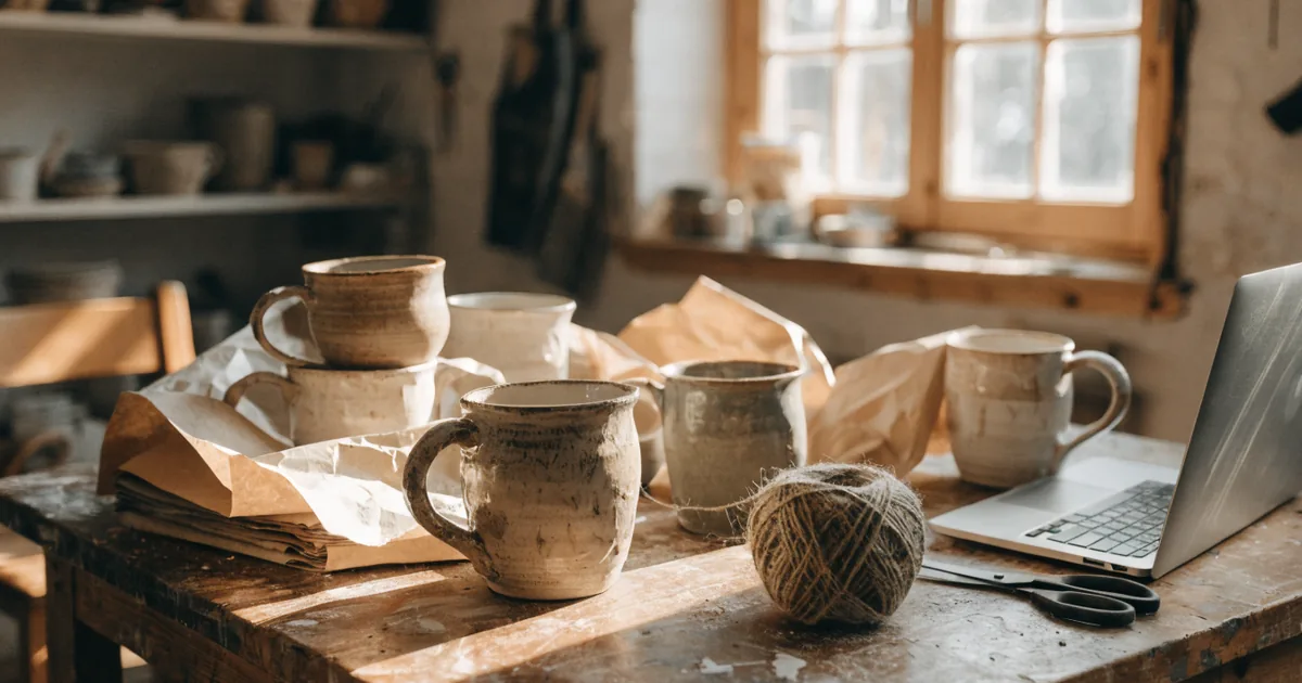 Handmade ceramic mugs on a maker's workbench — etsy fee calculator for fees, profit and pricing