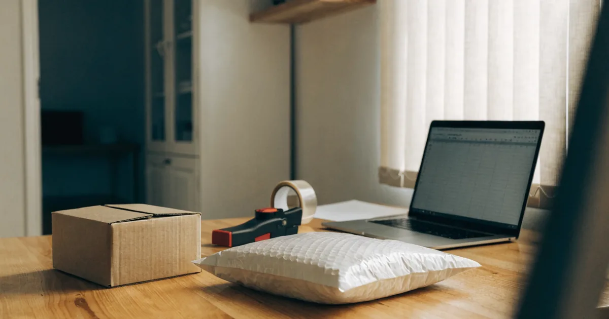 Home packing station with a box, mailer and laptop — mercari fee calculator for seller fees