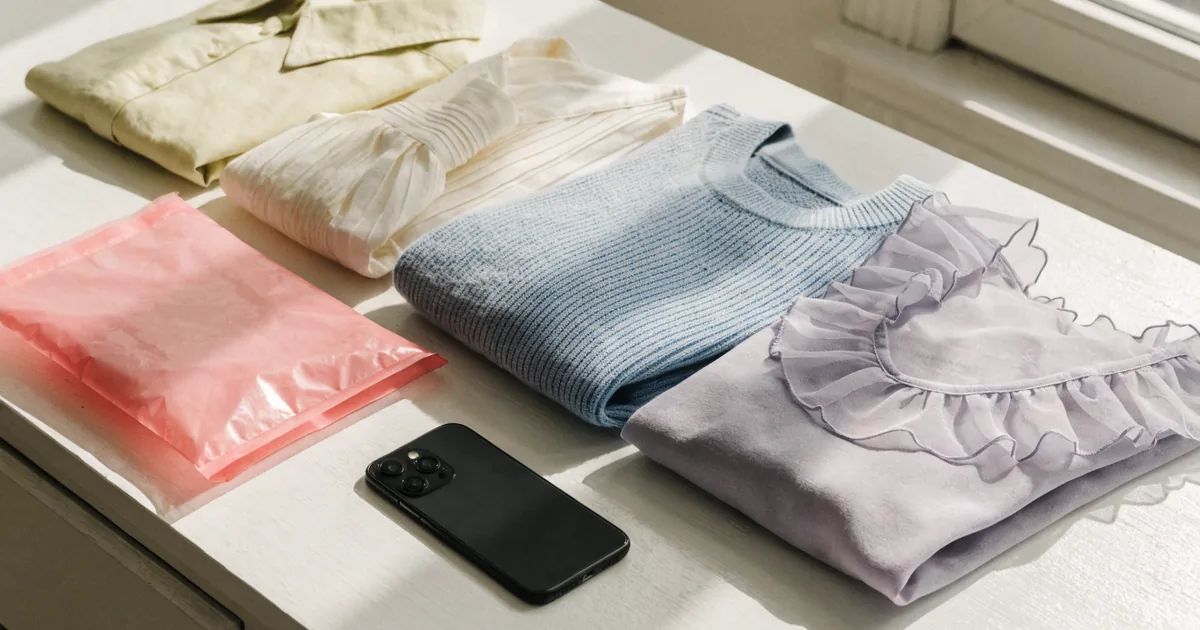 Folded clothing beside a pink mailer and phone — poshmark fee calculator for the 20% fee and take-home