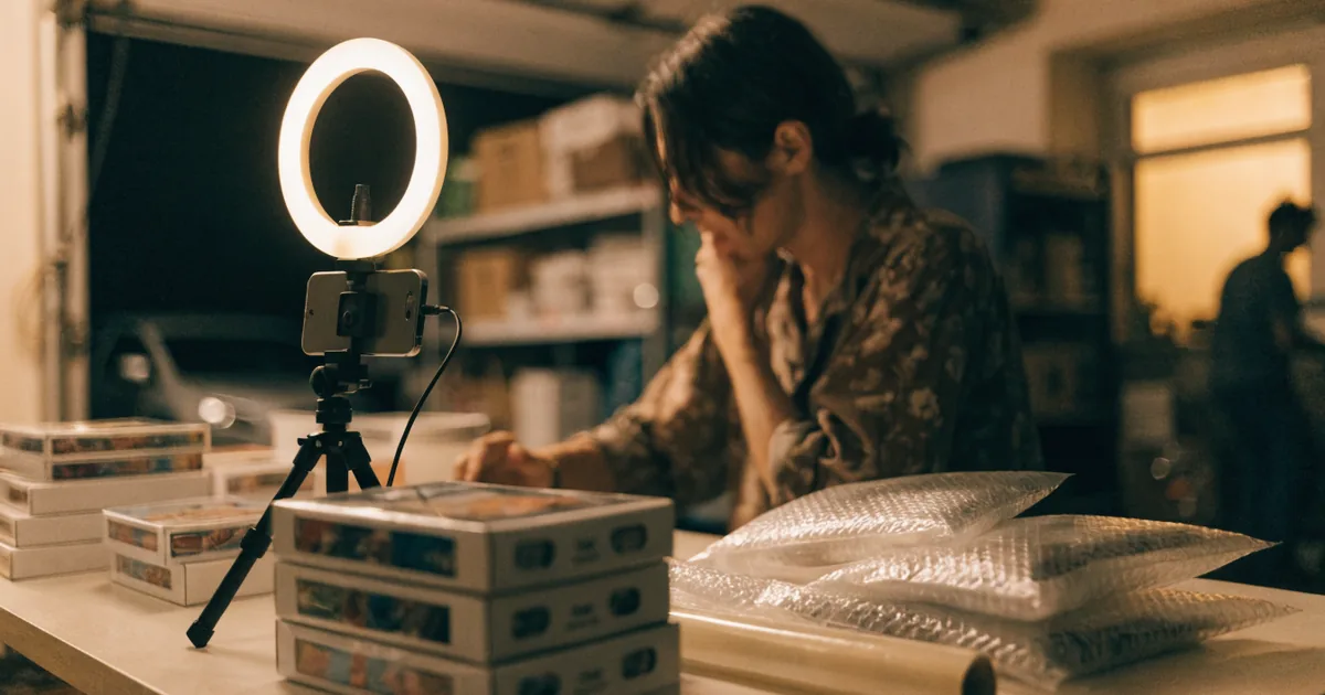 Reseller running a live stream sale with a ring light and card boxes — whatnot fee calculator for seller payouts